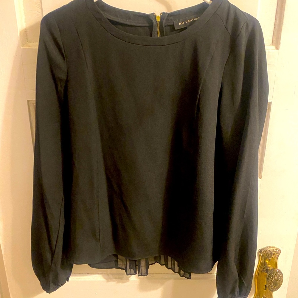 Black Long Sleeve Polyester Blouse with Accordion Flair Back Size M